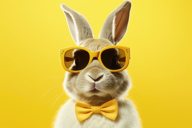 Cute rabbit wearing bright yellow sunglasses and matching bow tie against vibrant yellow background. Great for use in playful, fun designs, animal fashion campaigns, children's content, and summer-themed graphics. Perfect for greeting cards, posters, social media posts, and advertisements.