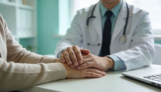 Clinician offering reassuring hand hold during compassionate medical consultation