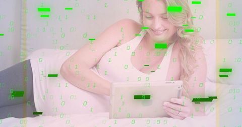 Relaxed Woman Using Tablet with Digital Matrix Overlay