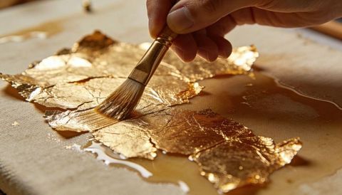 Applying gold leaf to fabric panel with gilder's brush, close-up gilding texture
