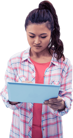Focused Asian Woman Engaging with Tablet in Office Environment Transparent