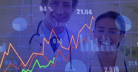 Doctors viewing healthcare analytics dashboard showing clinical trends and financial growth