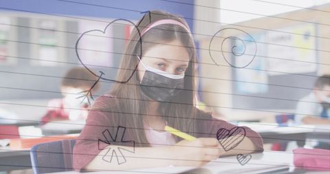 Young Girl in Classroom Wearing Mask Surrounded by Doodles - Download Free Stock Images Pikwizard.com