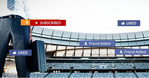 Businessman in Stadium with Social Media Icons Overlay
