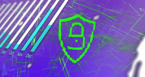 Shield Icon with Digital Data Overlay on Abstract Background