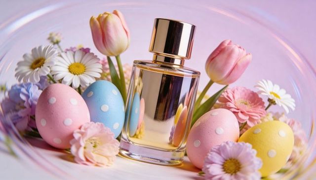 Reflective gold-capped perfume bottle surrounded by pastel easter eggs and spring flowers