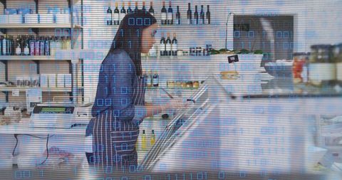 Woman Working in Store with Digital Binary Code Overlay - Download Free Stock Images Pikwizard.com