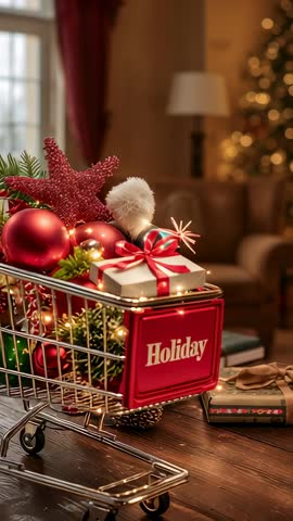 Vertical video showing holiday cart overflowing with ornaments, twinkling lights, cozy home decor