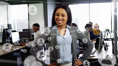 Diverse Businesswoman Smiling with Network Graphic Overlay
