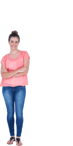Transparent full length of smiling woman standing arms crossed