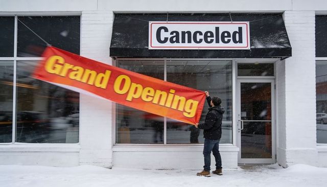 Man holding grand opening banner outside snowy storefront under canceled sign
