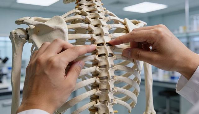 Hands-on thoracic spine demonstration on skeleton model by medical student in anatomy lab
