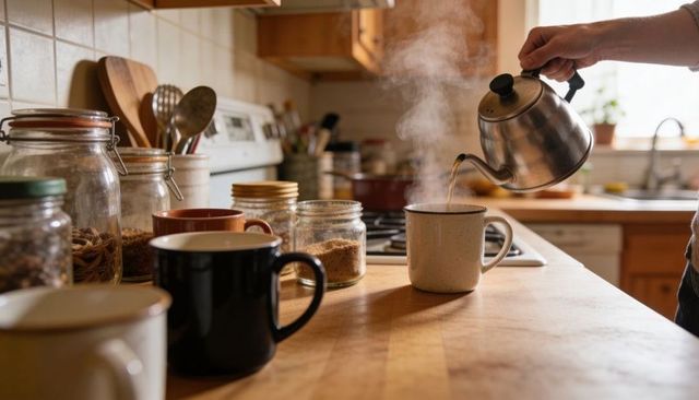 Pouring boiling water from stainless steel kettle into ceramic mug on sunlit wood counter