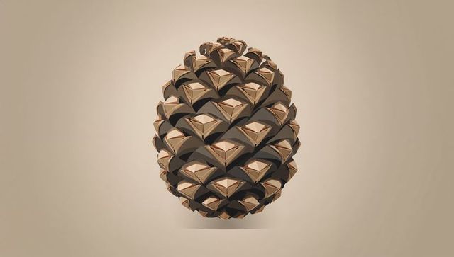 Faceted geometric pine cone with triangular bevels on warm beige gradient