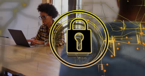 Digital Security Overlay on Woman Using Laptop for Work