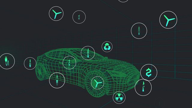 Illustration portrays a digital grid with symbolic icons representing sustainable technology and automotive innovation. Useful for presentations on eco-friendly car technology, advancements in digital dashboards, and the future of renewable energy in automobiles.