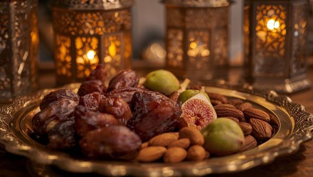 Golden platter of dates, figs and almonds with ornate lanterns and warm candlelight