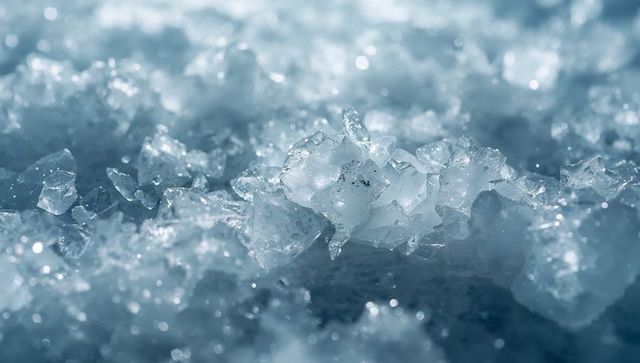 Glittering ice crystals on packed snow revealing faceted shards, frost macro bokeh