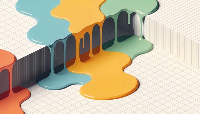 Glossy Paint Dripping, Cascading Over Ribbed Platform on Grid, Abstract Geometric Flow