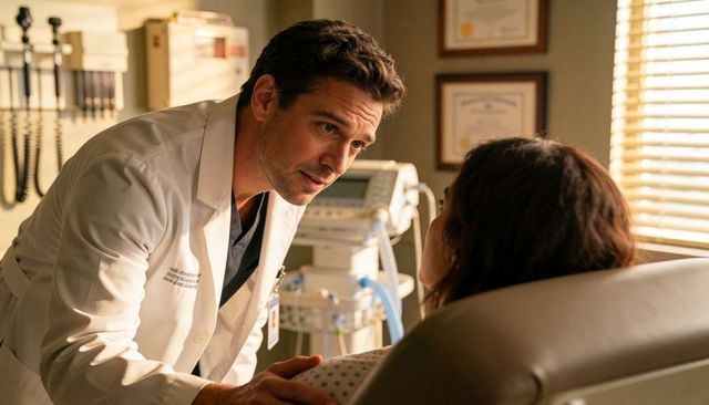 Compassionate male doctor leaning over female patient in clinic examining and reassuring