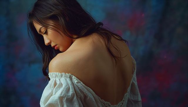 Elegant female in off-shoulder blouse with colorful backdrop