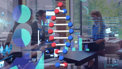 DNA Strand Animation and Data Overlay on Business Meeting