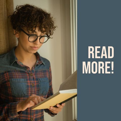 curly haired woman immersed in book encouraging reading - Download Free Stock Templates Pikwizard.com