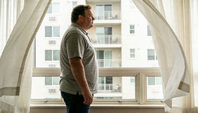 Contemplative man standing at high-rise window with billowing curtains overlooking balconies