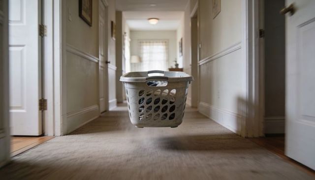 Floating laundry basket traveling down hallway with dark clothes in sunlit home interior