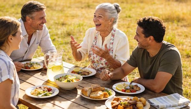 Multigenerational family laughing and sharing sunlit picnic with homemade dishes outdoors