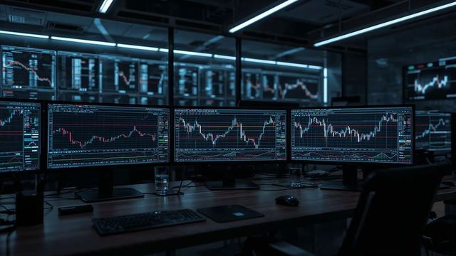 Monitors displaying financial trade charts in dark modern office