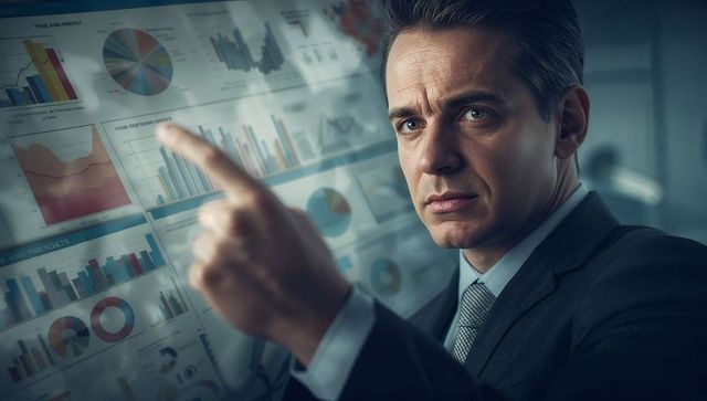 Executive Using Digital Analytics Display in Modern Office Space