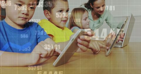 Kids and teacher using tablets with digital data overlay