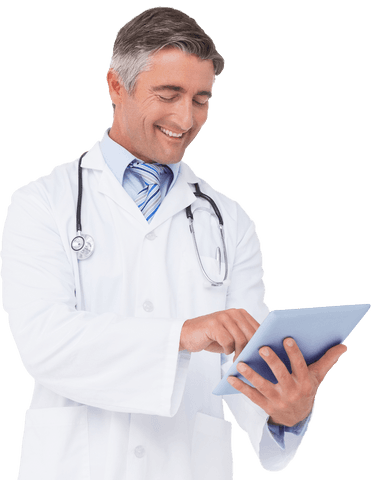 Transparent Background: Happy Doctor Using Tablet for Efficient Workflow - Download Free Stock Videos Pikwizard.com