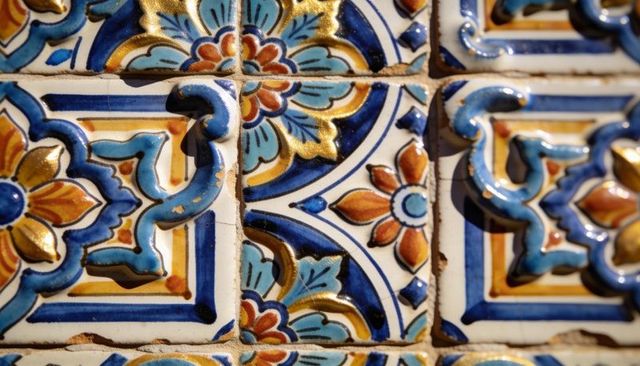 Sunlit glazed ceramic tiles with gold gilding and floral arabesque relief