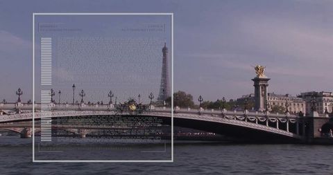 Paris seine bridge with gilded statues and eiffel tower with futuristic digital hud overlay