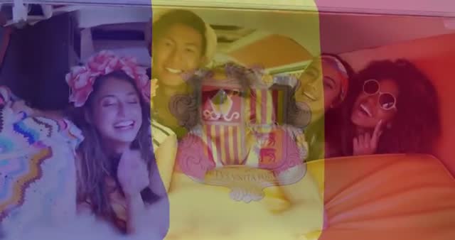 Young friends enjoying a road trip together, overlaid with Andorra's national flag. Highlights themes of travel and exploration with multicultural companionship. Perfect for promoting tourism, international friendship, or national holidays. Useful in advertisements for travel agencies, articles related to Andorra, or campaigns focusing on youthful adventure and camaraderie.