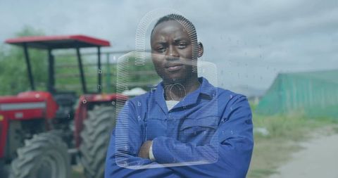 Confident Farmer with Digital Security Hologram Across