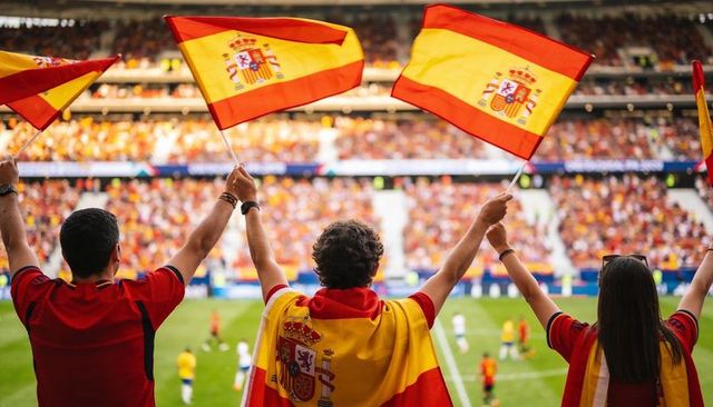 Cheering spanish fans waving flags in stadium showing national pride and team spirit