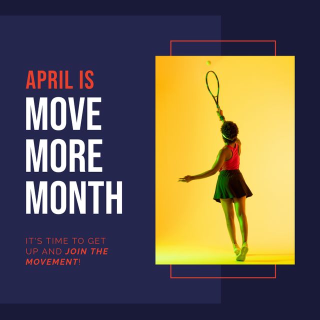 Move More Month Promotional Banner with Woman Playing Tennis - Download Free Stock Templates Pikwizard.com