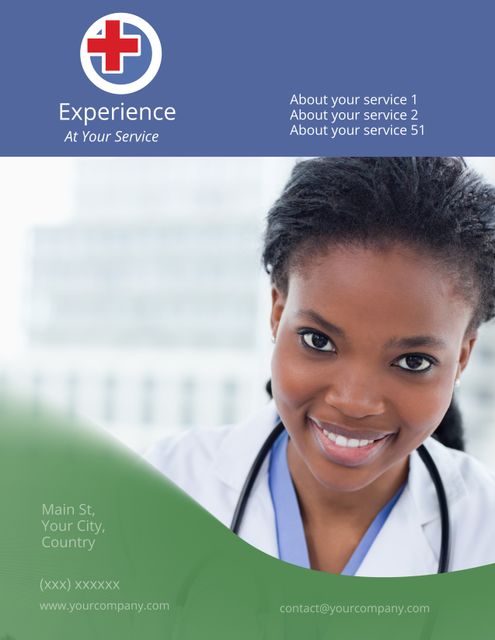 Confident female doctor embodying professionalism and care while promoting healthcare services. Text on flyer highlights available medical services, and designed to appeal to patients seeking trustworthy medical care. Suitable for healthcare marketing materials, clinic promotions, and informational brochures.