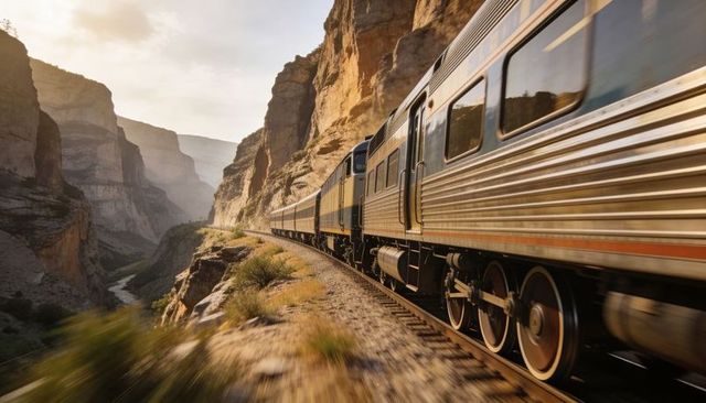 Passenger train rounding sunlit sandstone canyon on curving track along river gorge