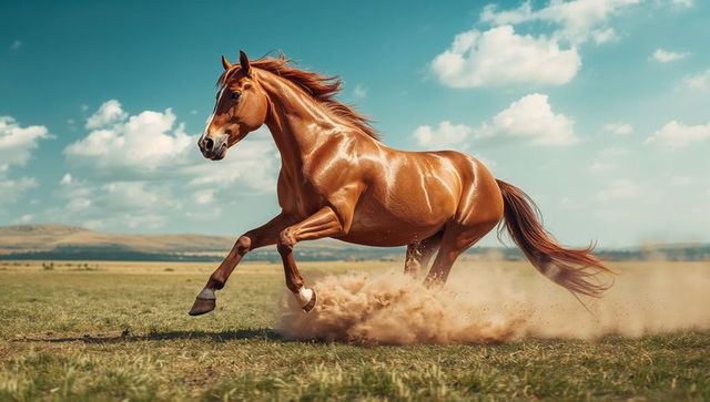 Chestnut Horse Galloping Through Vast Grassland Fields