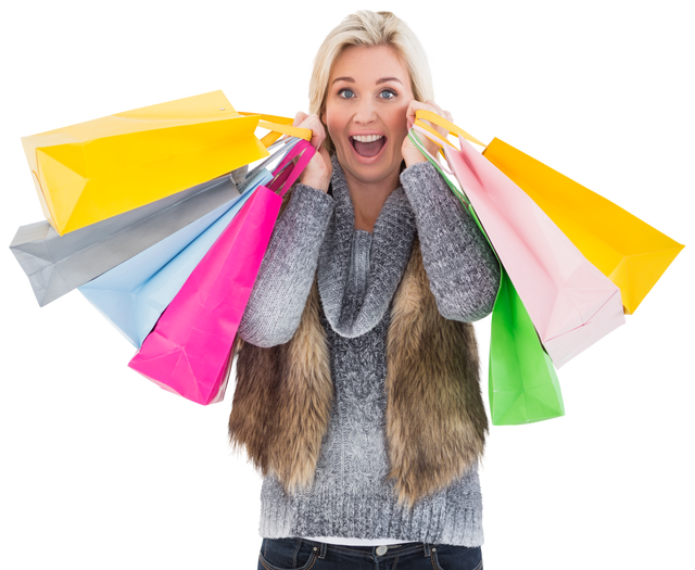 Blonde Woman in Winter Clothes Holding Multiple Shopping Bags Transparent Background - Download Free Stock Videos Pikwizard.com