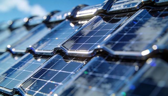 Glossy Solar Roof Tiles Generating Clean Energy with Photovoltaic Grid and Sunlight Gleam