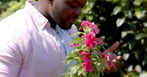 Man Enjoying Nature by Smelling Vibrant Pink Flowers