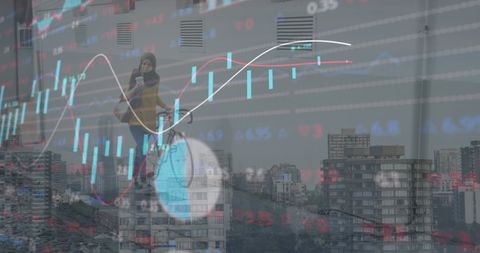 Financial Data Overlay on Urban Cityscape with Caucasian Woman