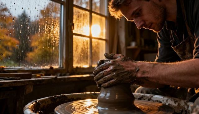 Potter shaping clay on wheel at golden sunset through rain-speckled window