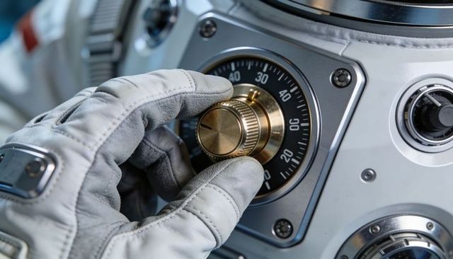 Astronaut gloved hand adjusting brass knob on spacecraft control panel