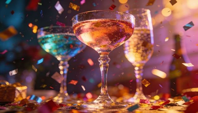 Sparkling champagne and colorful cocktails celebrating with confetti and bokeh lights